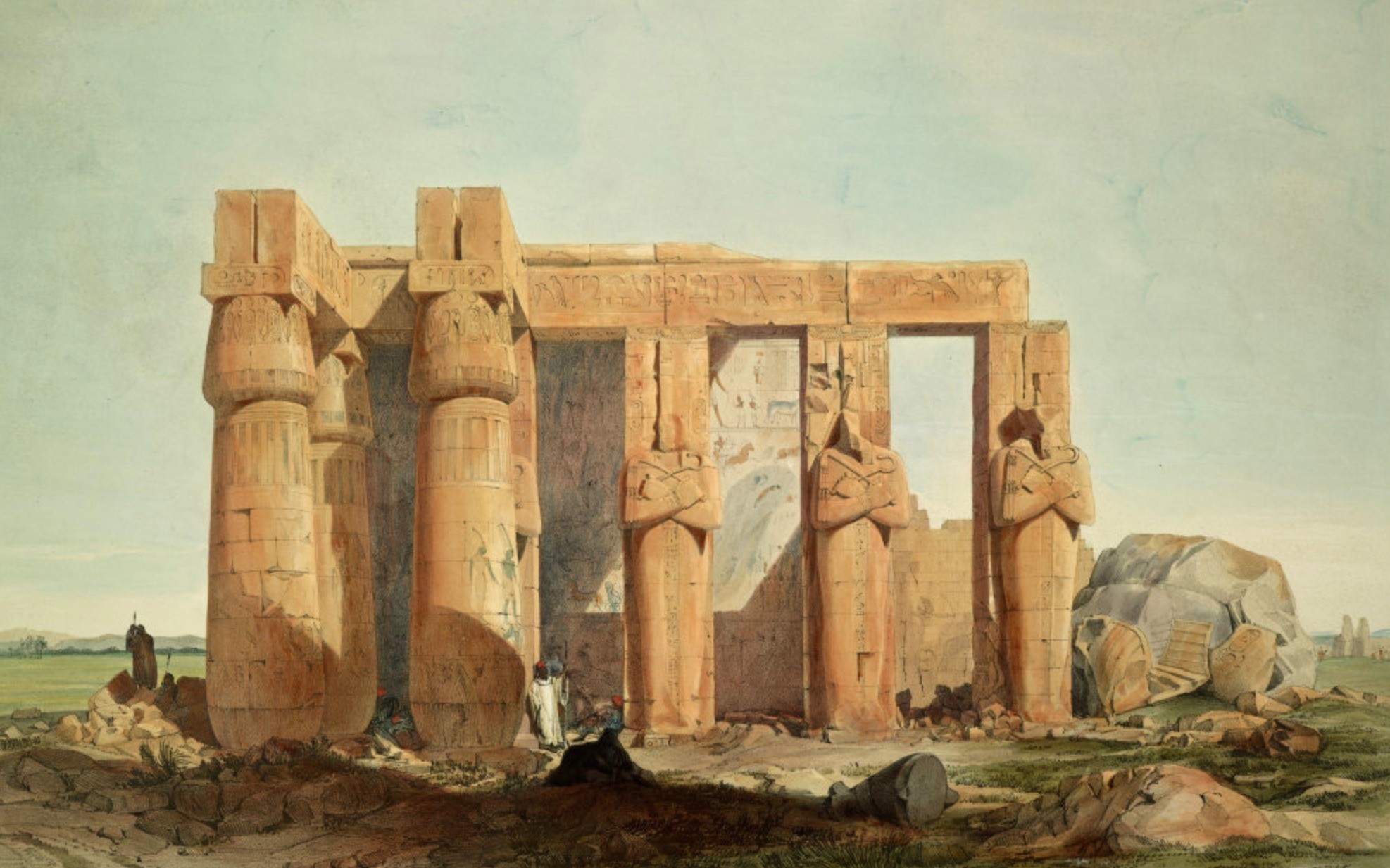 Jones Owen (1809-1874). Seconde cour du Ramesseum et le colosse effondré.