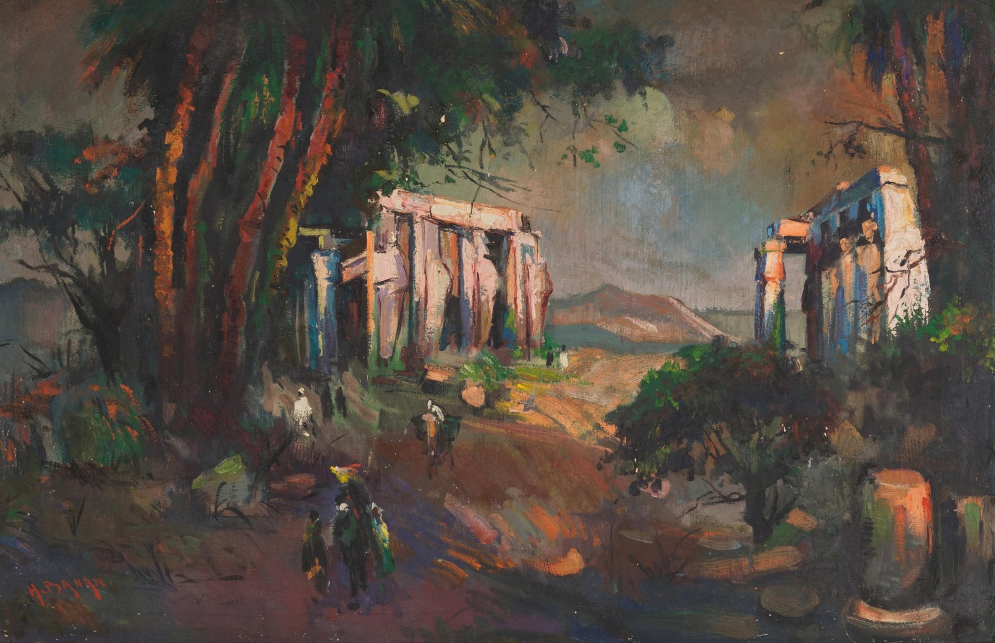 Promenade dans les ruines de Thèbes  Hosni El Bannani (1912-1988) huile sur toile 69×99 cm