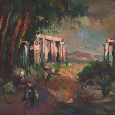 Promenade dans les ruines de Thèbes  Hosni El Bannani (1912-1988) huile sur toile 69×99 cm